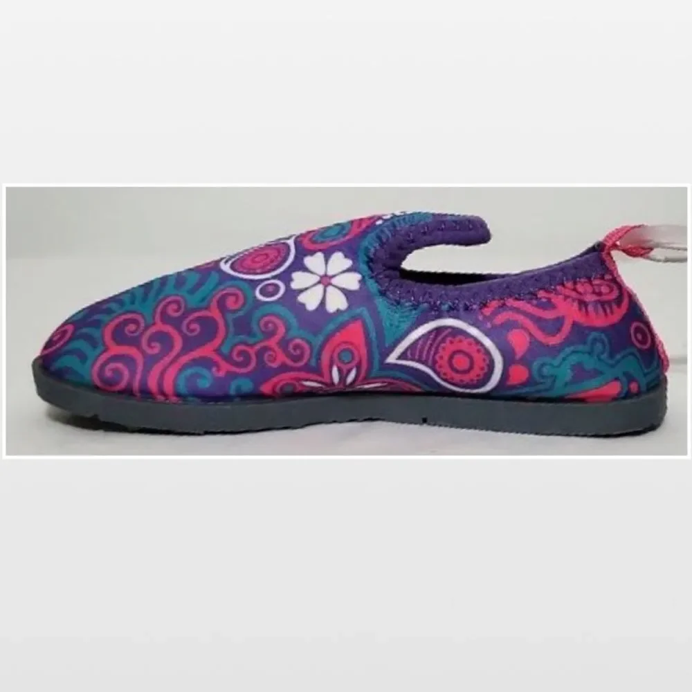 New Aqua Leisure Water Shoes Kid Size 7 8 Purple Floral Slip Ons